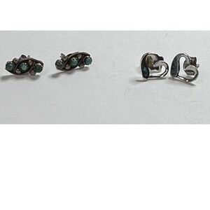 2 Pair Turquoise and Silver Heart Shape and Antique Swirl Post Earrings